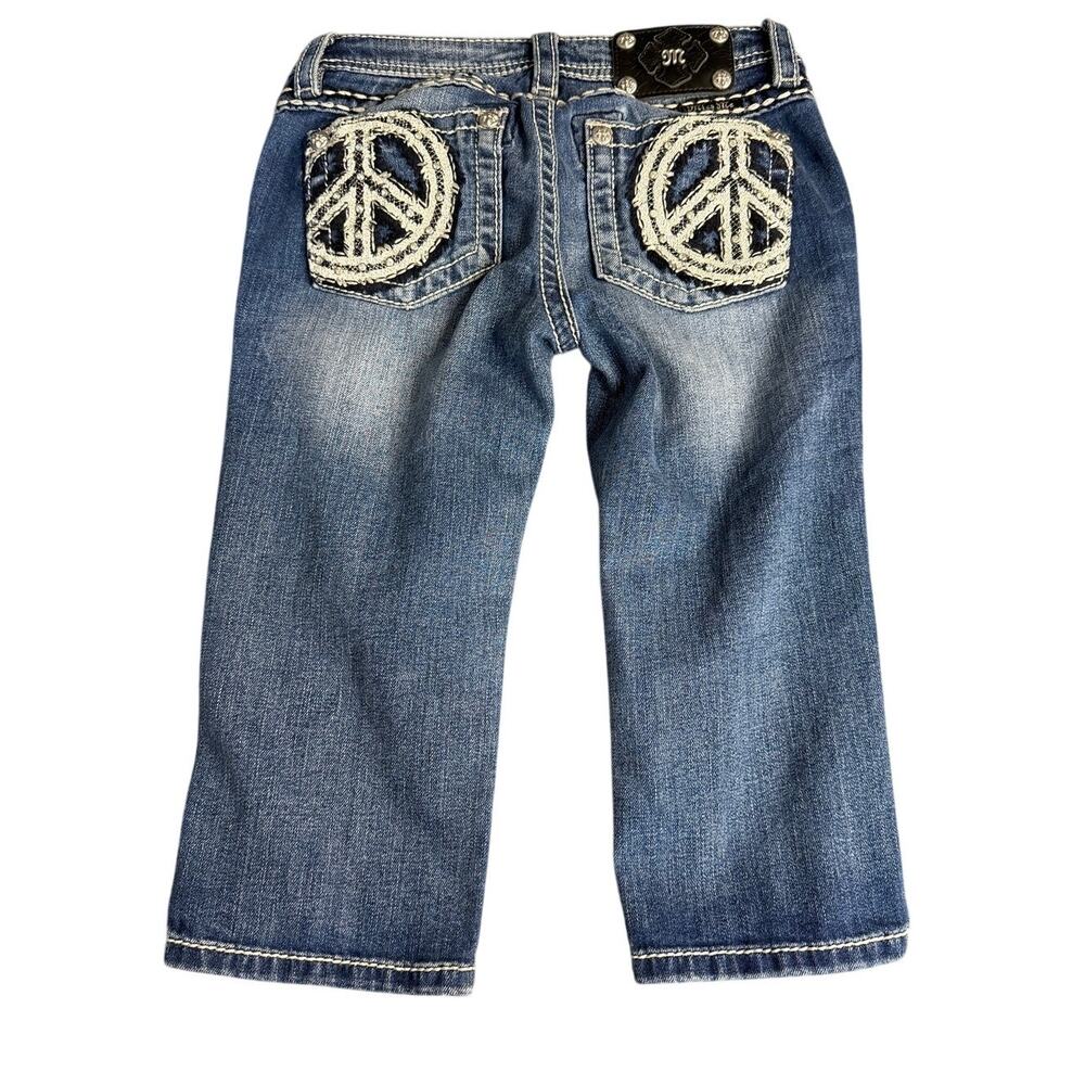 Miss Me Girls Capri Jeans Sz 14 Medium Wash Peace Sign Embellished Stretch Denim